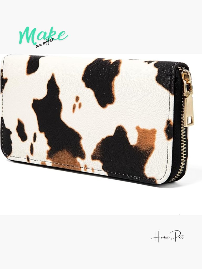 Pu Leather Cow Print Slim Wallet With Zipper, 8 Card Slots